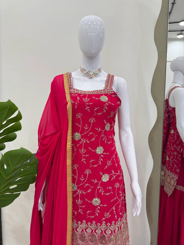Delightful Heavy Work RED Color Sharara Suit