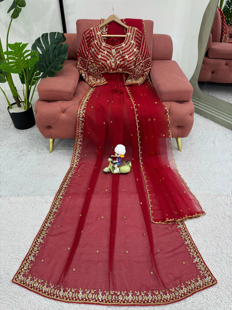 Awesome Heavy Work Red Color Saree