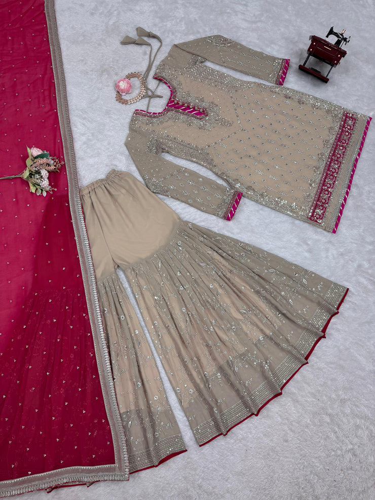 Ravishing Sequence Georgette White Color Sharara Suit