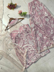Adorable Embroidery Work Pink Color Palazzo Suit