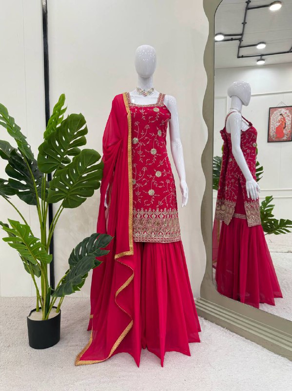 Delightful Heavy Work RED Color Sharara Suit