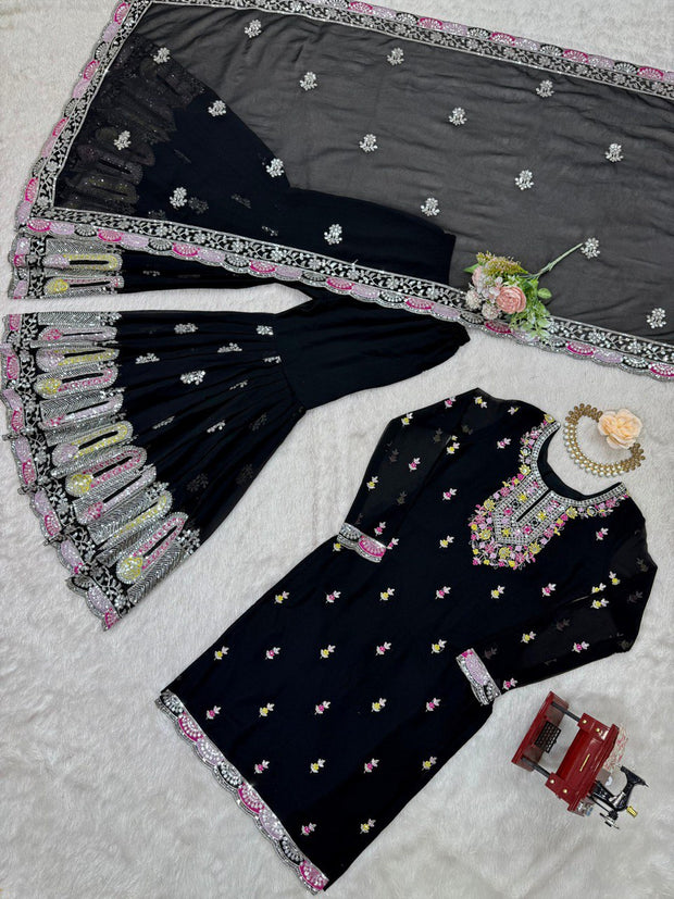 Delightful Heavy Work Black Color Sharara Suit