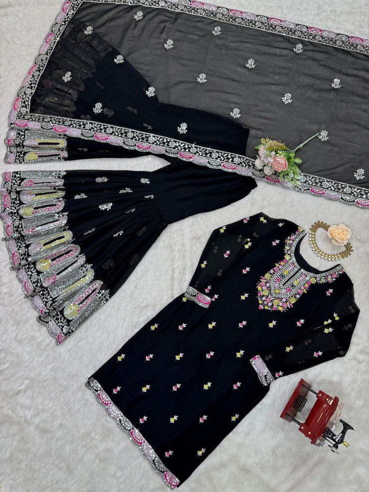 Delightful Heavy Work Black Color Sharara Suit
