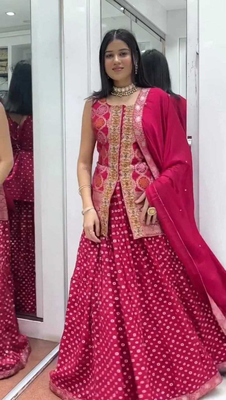 Pretty Red Chinon Embroidery Work Lehenga Choli