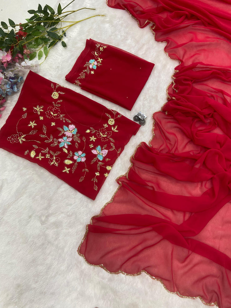Elegant Georgette Hand Work Red Color Saree