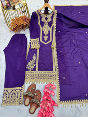 Imposing Chinon Silk Purple Color Top With Plazzo