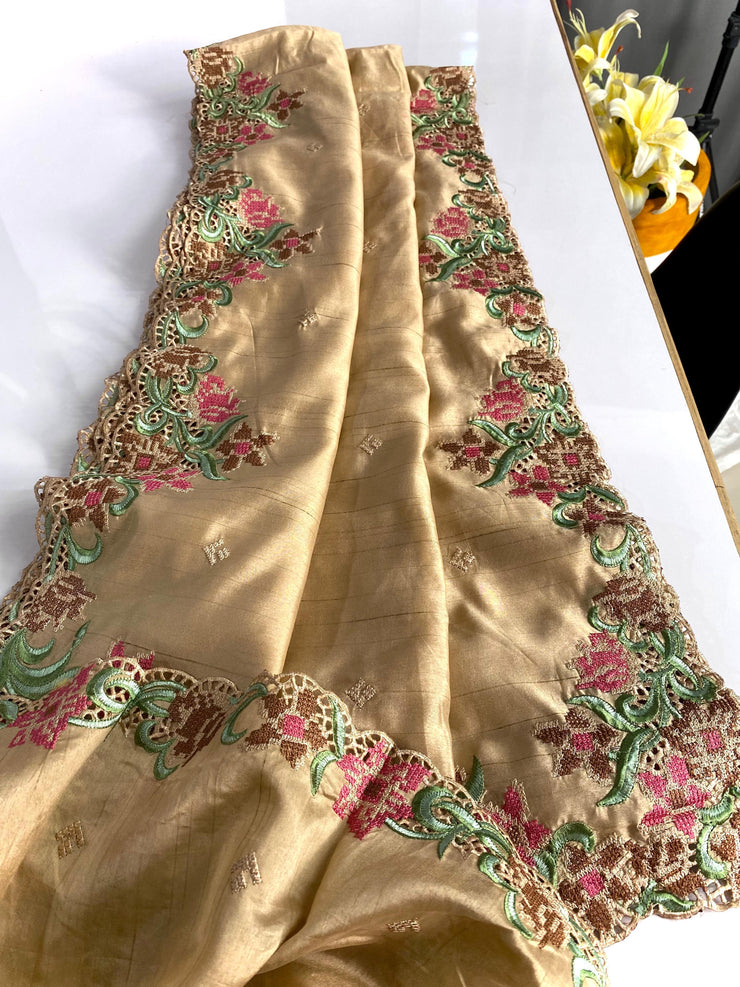 Wedding Wear Tussar Silk Cream Color Saree