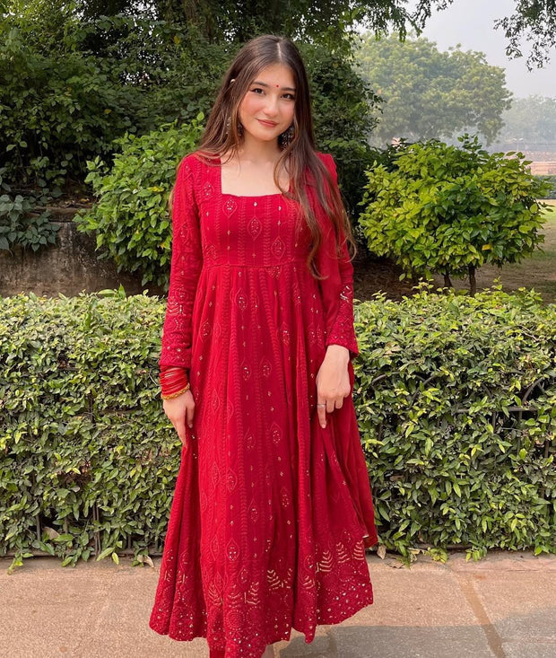 Marvelous Thred And Sequence Work Red Color Anarkali Suit