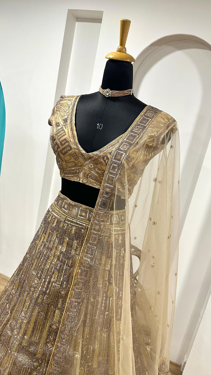 Party Wear Thread Work Gold Color Lehenga Choli