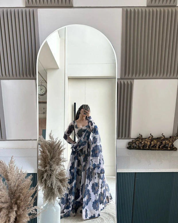 Outstanding Digital Printed Sky Blue Color Anarkali Suit