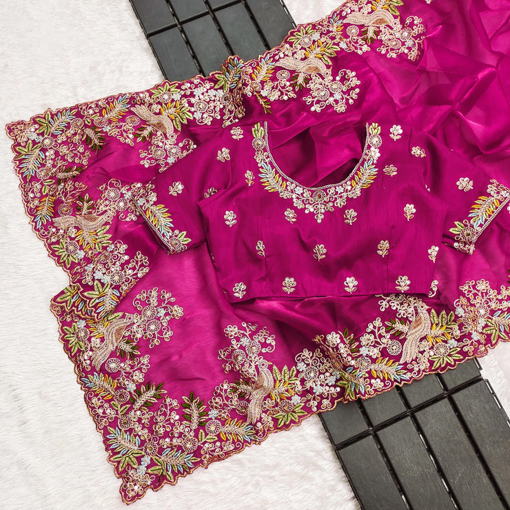 Traditional Wear Embroidery Work Pink Color Saree