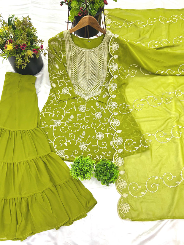 Designer Embroidery Work Perrot Color Sharara Suit
