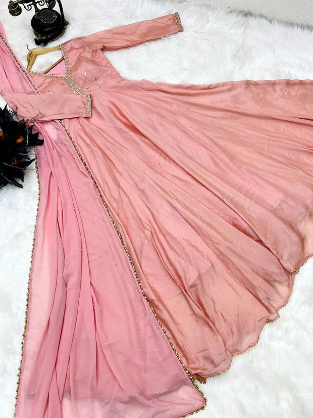 Stunning Embroidery Sequence Work Pink Color Gown