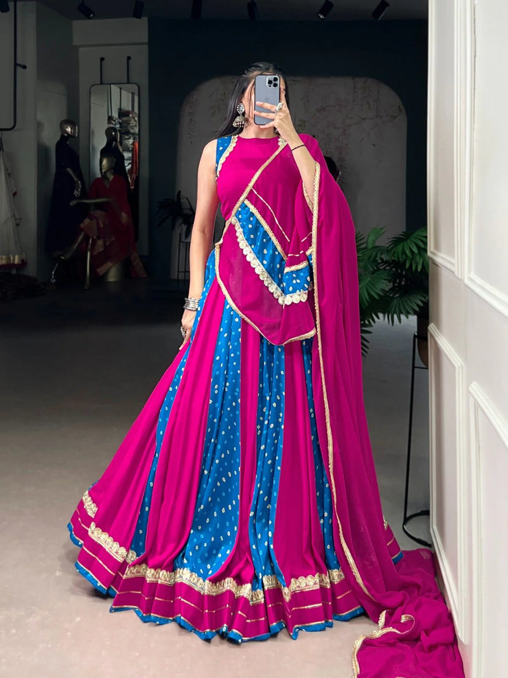 Glorious Blue Tasar Silk Bandhej Print Lehenga Choli