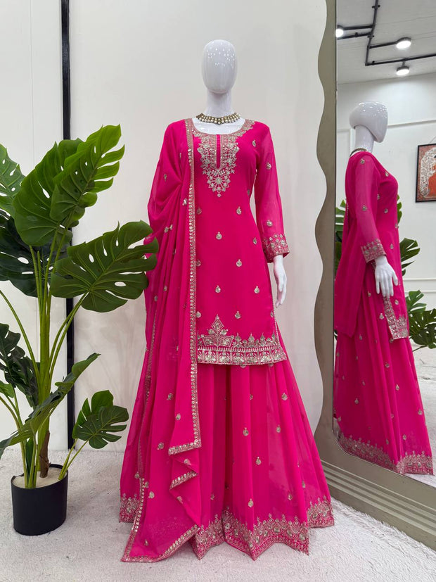 Delightful Heavy Work pink Color Sharara Suit