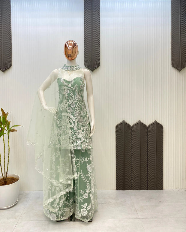 Adorable Embroidery Work Rama Color Palazzo Suit