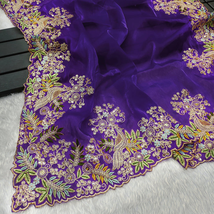 Traditional Wear Embroidery Work Purple Color Saree
