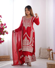 Charming Embroidery Work Red Color Palazzo Suit