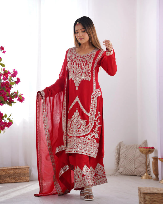 Charming Embroidery Work Red Color Palazzo Suit