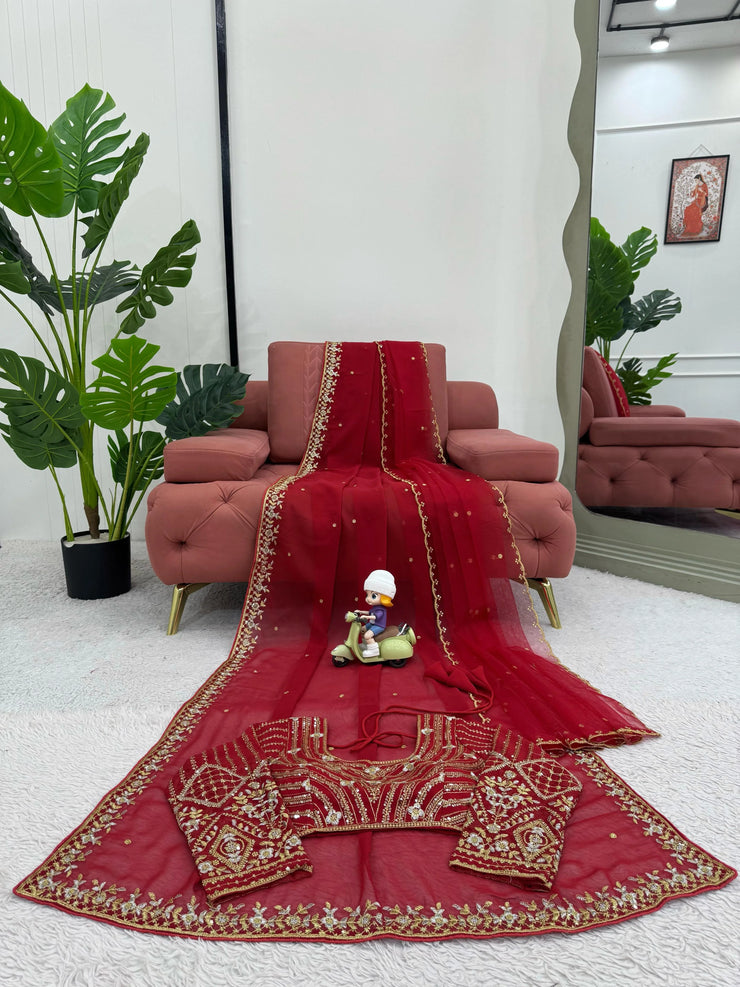 Awesome Heavy Work Red Color Saree