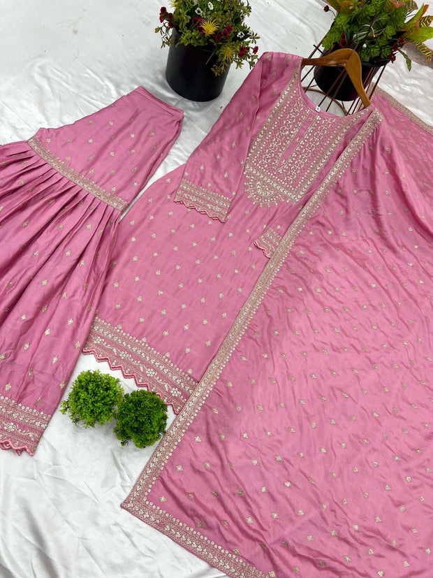 Heavy Embroidery Work Light Pink Color Sharara Suit