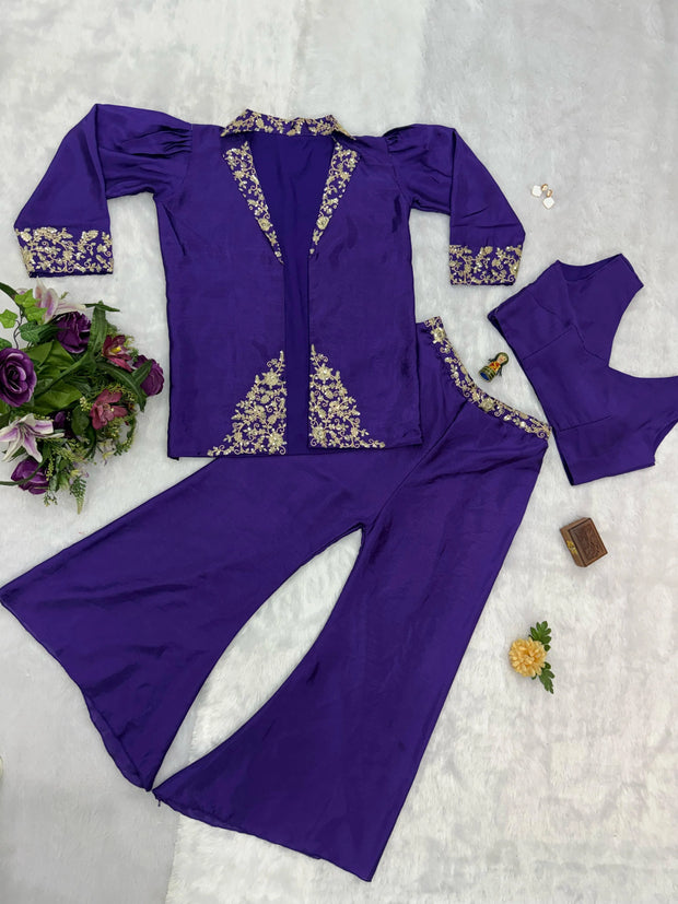 Wedding & Party Wear Purple Color Embroidery Work Palazzo Suit With Koti