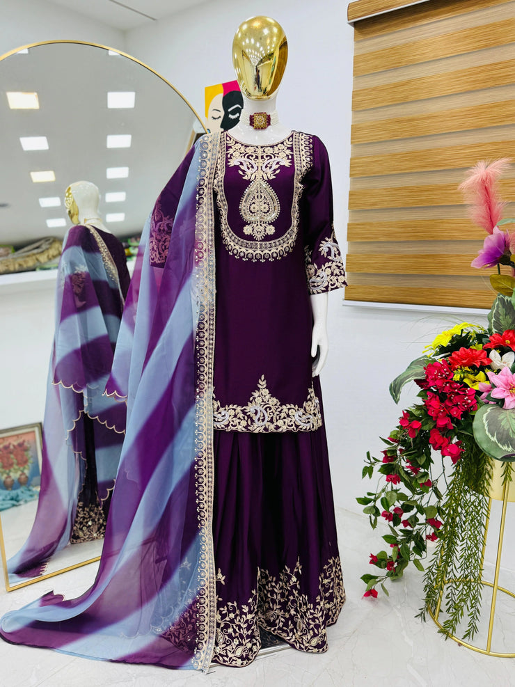 Preferable Heavy Purple Color Sharara Suit