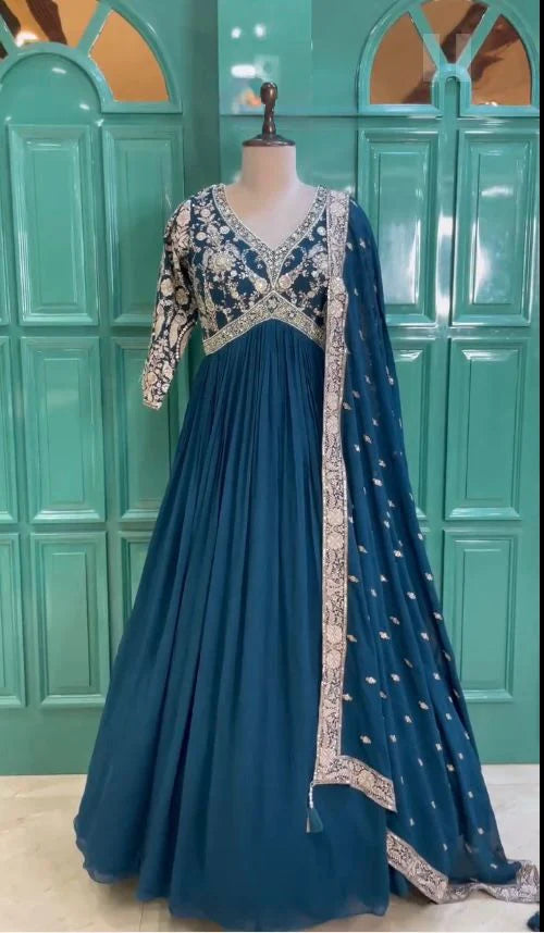 Flattering Heavy Work Navy Blue Color Gown