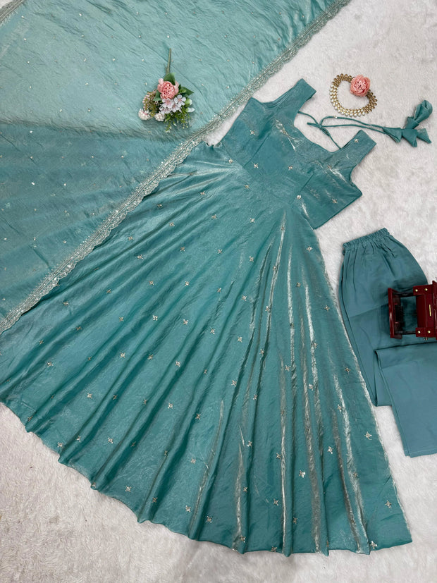 Stylish Thread Work Sky Blue Color Anarkali Gown