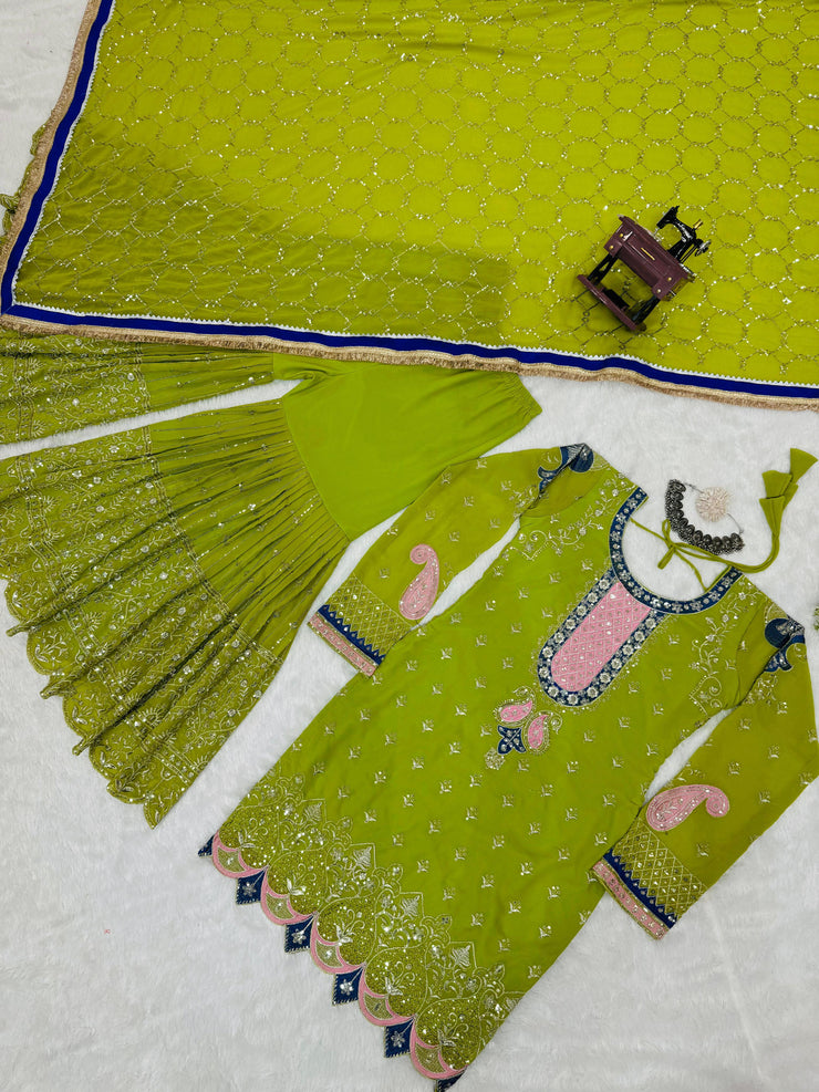 Thread with Sequence Work Green Color Sharara suit