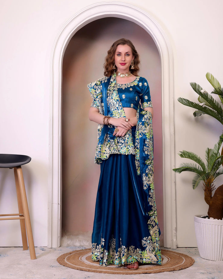 Traditional Wear Embroidery Work Teal Blue Color Saree