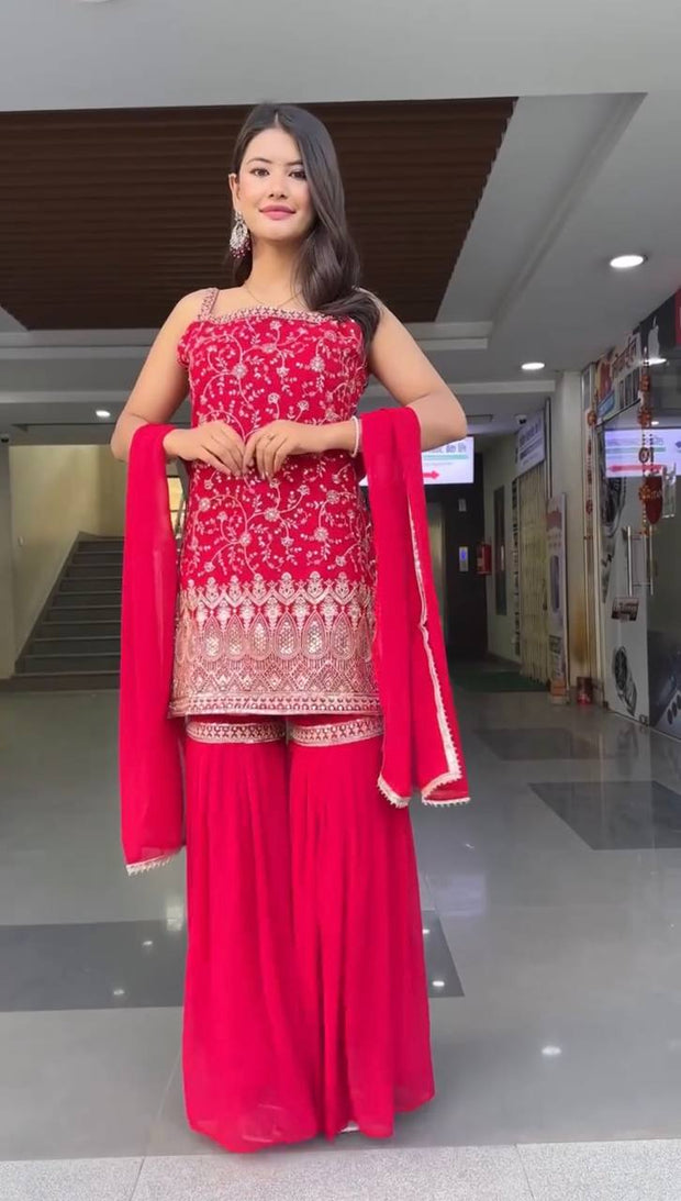 Delightful Heavy Work RED Color Sharara Suit
