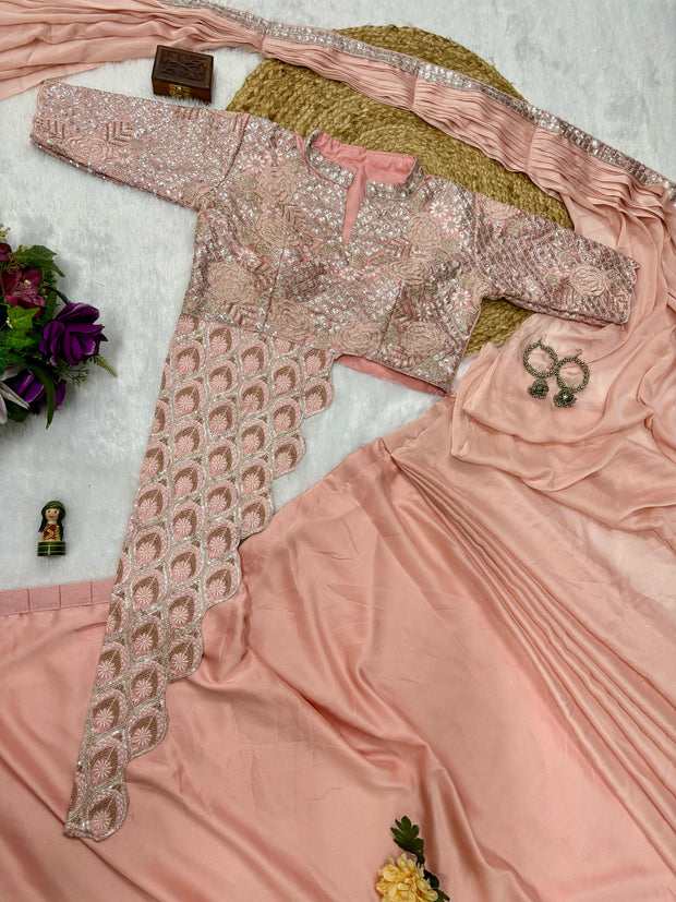 Classy Chinon Embroidery Work Peach Color Ready To Wear Sare