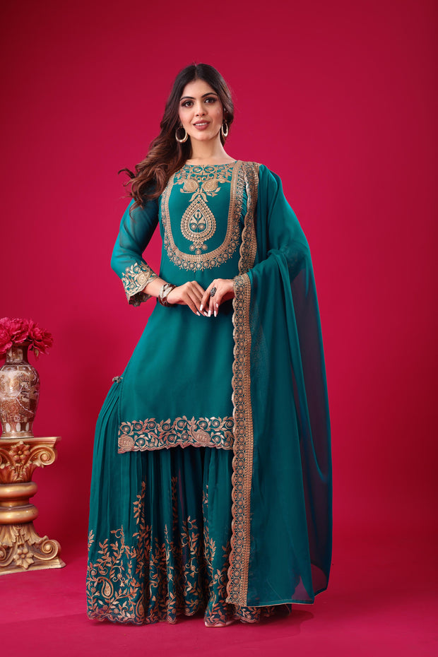 Blissful Teal Blue Color Sequence Thread Work Sharara Suit