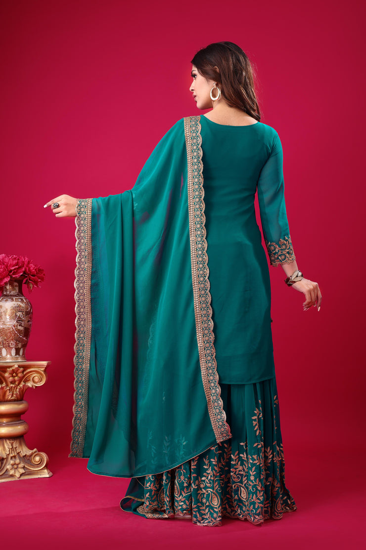Blissful Teal Blue Color Sequence Thread Work Sharara Suit