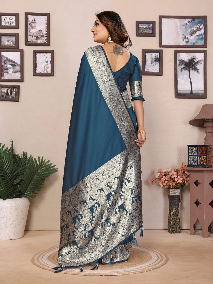 Stunning Banarasi Silk Teal Blue Color Saree