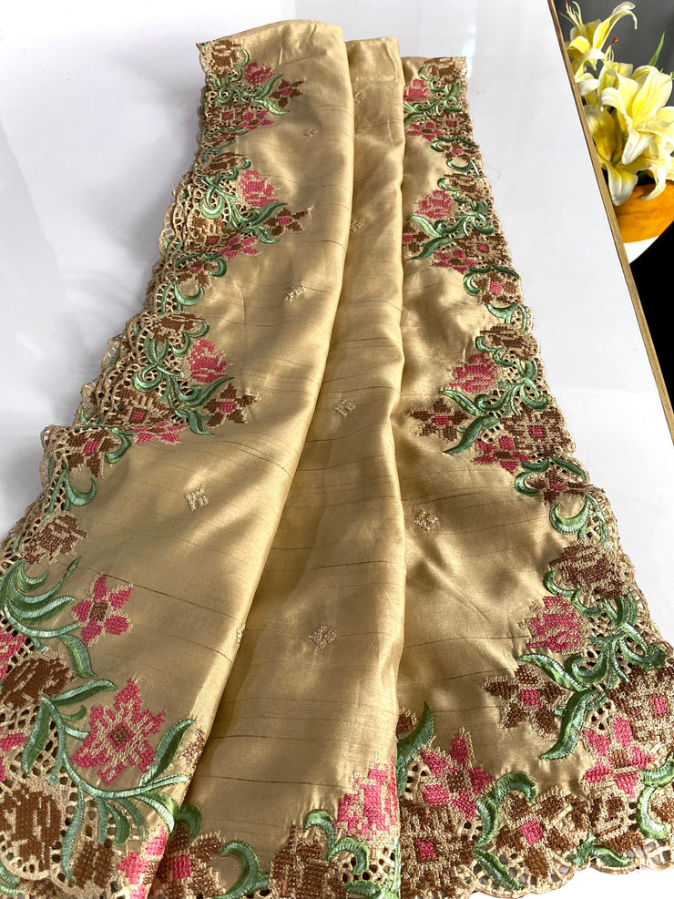 Wedding Wear Tussar Silk Cream Color Saree