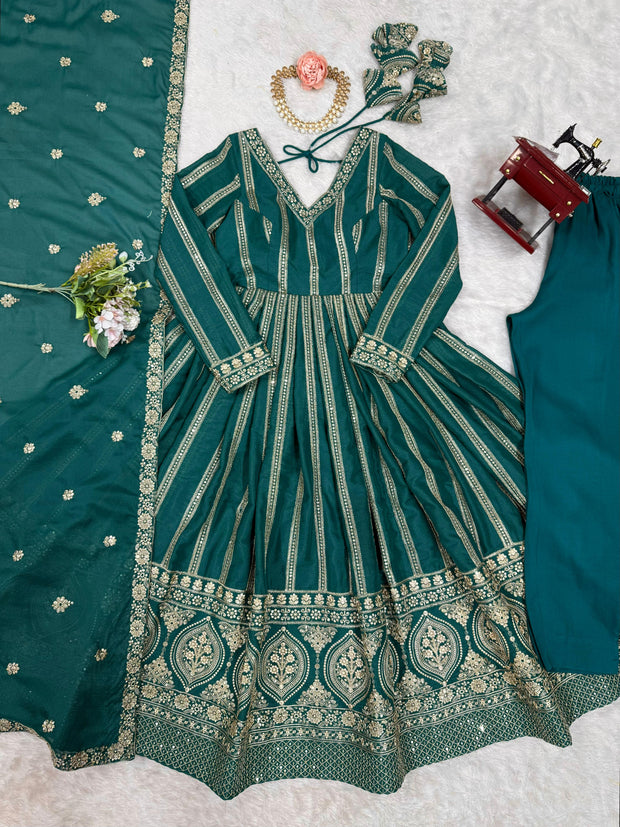 Wonderful Sequence Work Teal Green Color Gown
