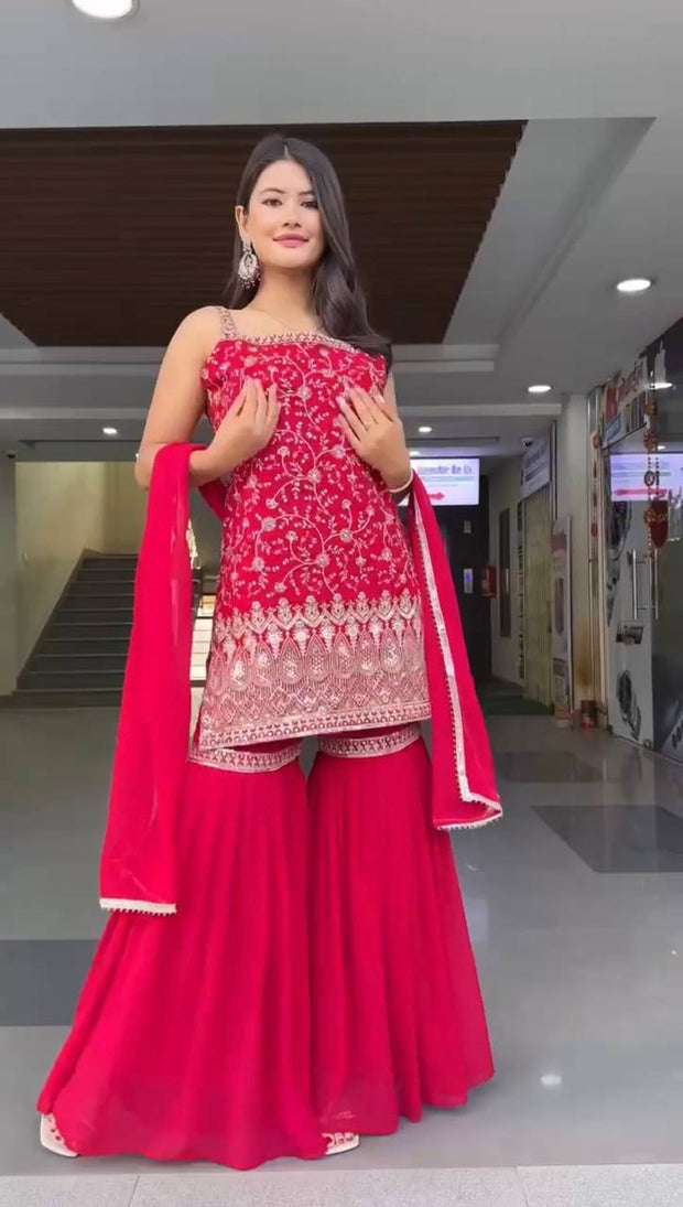 Delightful Heavy Work RED Color Sharara Suit