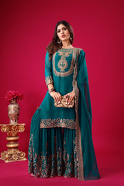 Blissful Teal Blue Color Sequence Thread Work Sharara Suit