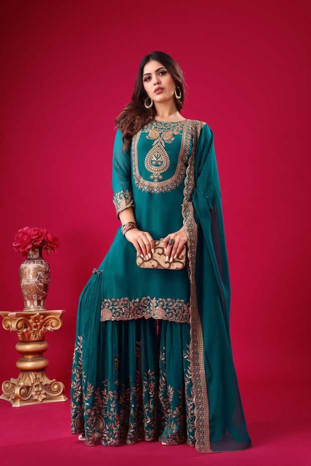 Blissful Teal Blue Color Sequence Thread Work Sharara Suit