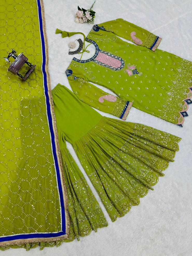 Thread with Sequence Work Green Color Sharara suit