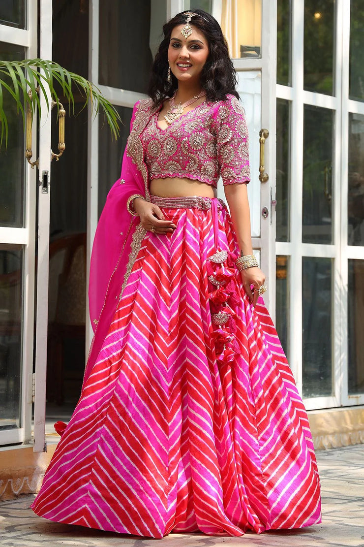 Trendy Pink Color Silk Foil Work With Digital Print Lehenga Choli