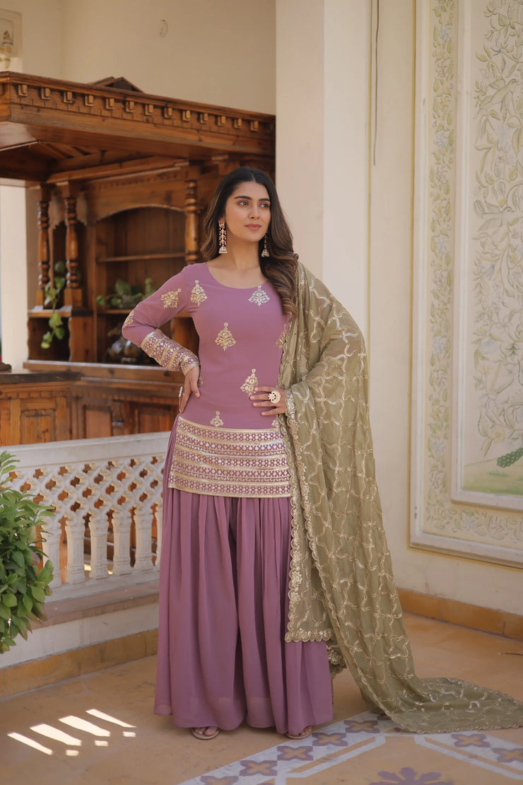 Demanding Sequins & Thread Embroidered work Peach Color Sharara Suit