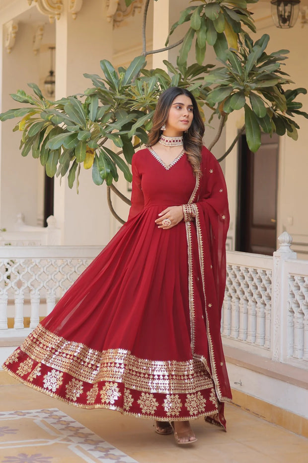 Outstanding Sequins Embroidered Multi-Sequins work Maroon Color Gown