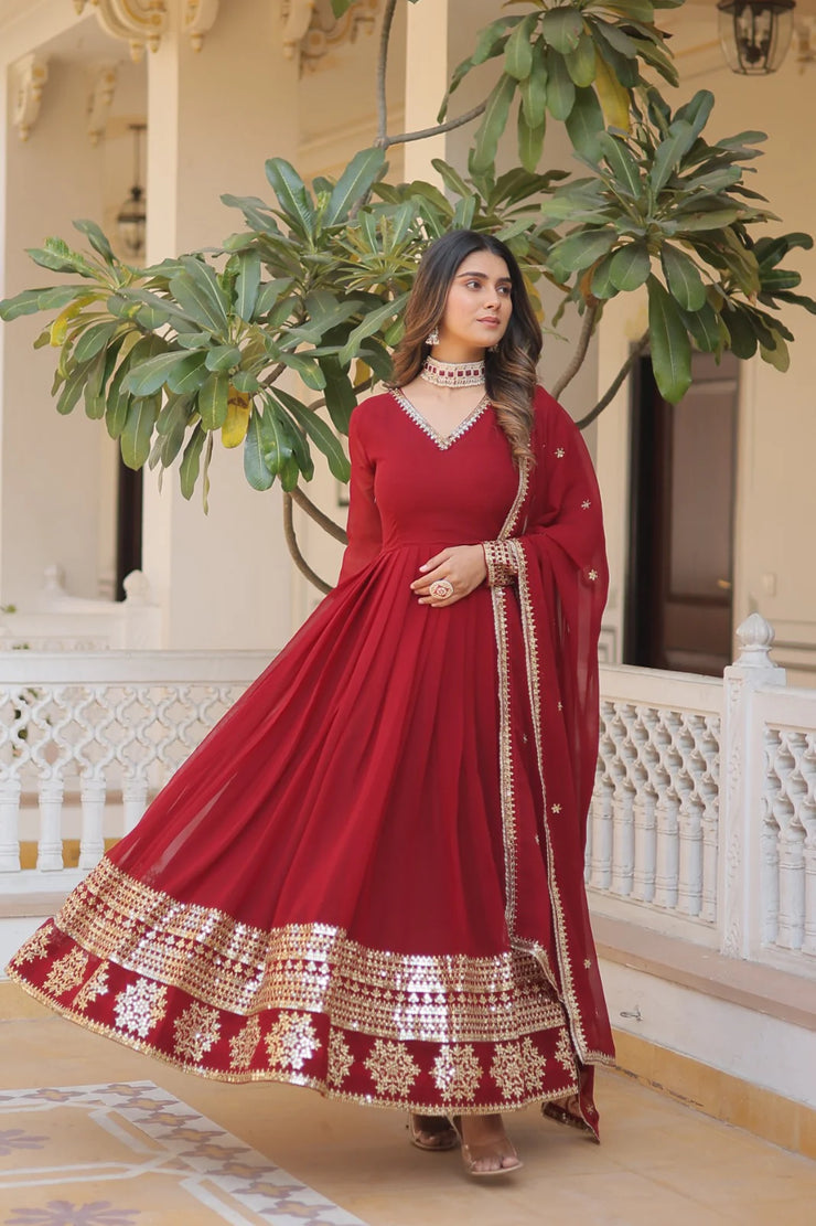 Outstanding Sequins Embroidered Multi-Sequins work Maroon Color Gown