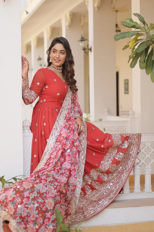 Outstanding Embroidery Zari Sequins-work Red Color Gown