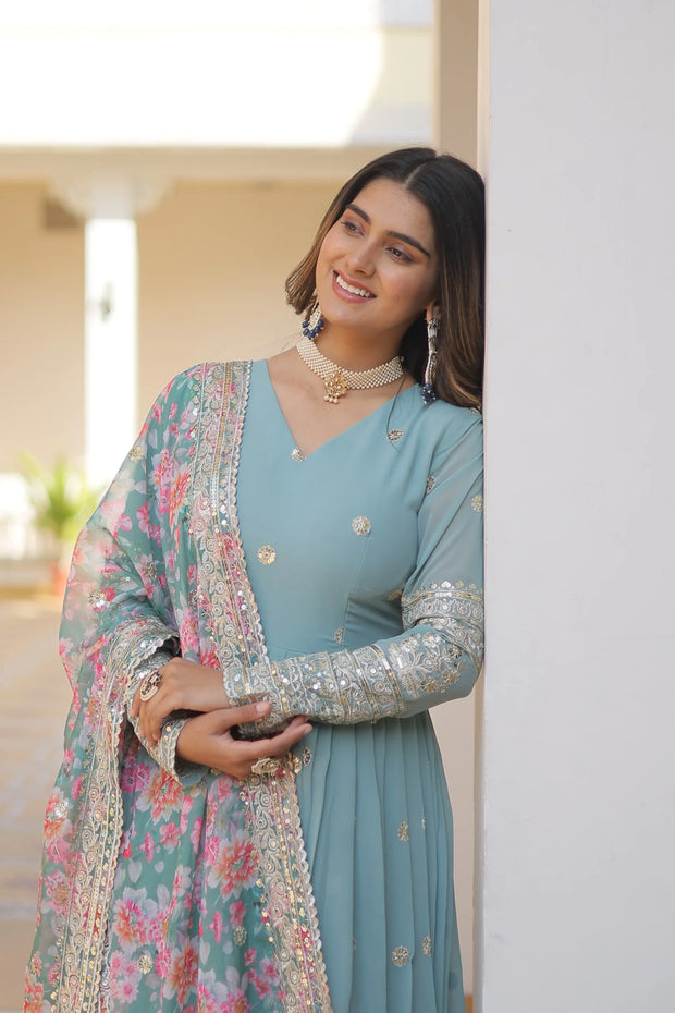 Outstanding Embroidery Zari Sequins-work Sky Blue Color Gown