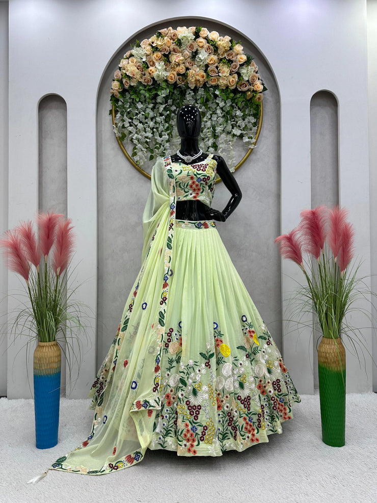 Flattering Embroidered Work Piasta Color Lehenga Choli