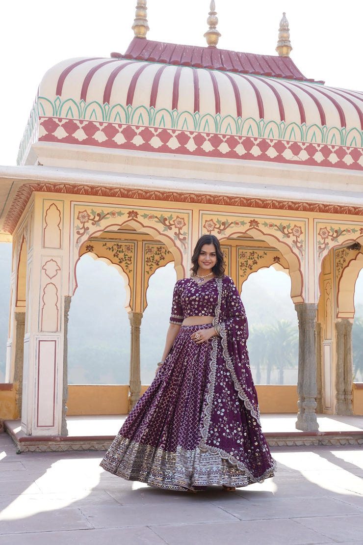 Charming Embroidered Sequins Work Wine Color Lehenga Chol